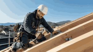 Artisan charpentier travaillant sur une toiture en bois, illustration de la prévoyance artisan du bâtiment à Avignon en cas d’arrêt de travail ou d’invalidité.